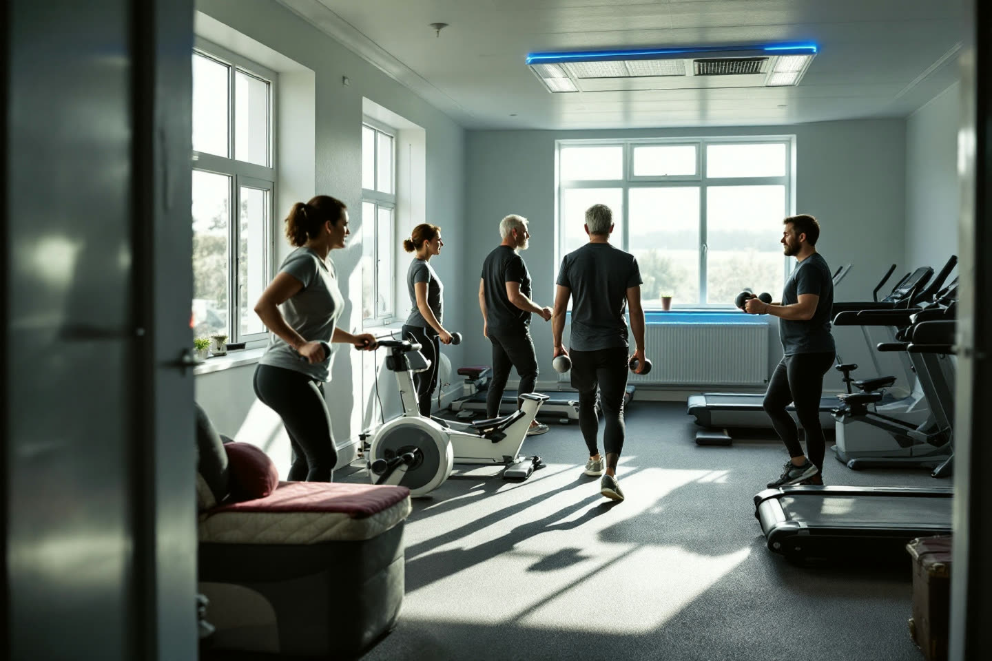 Adults in their thirties and forties moving between stations in a bright studio, morning light