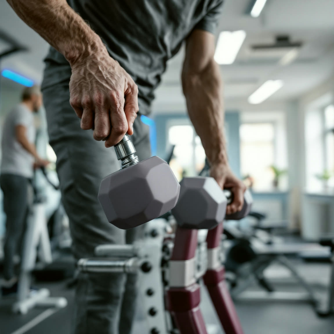 Hands adjusting a dumbbell