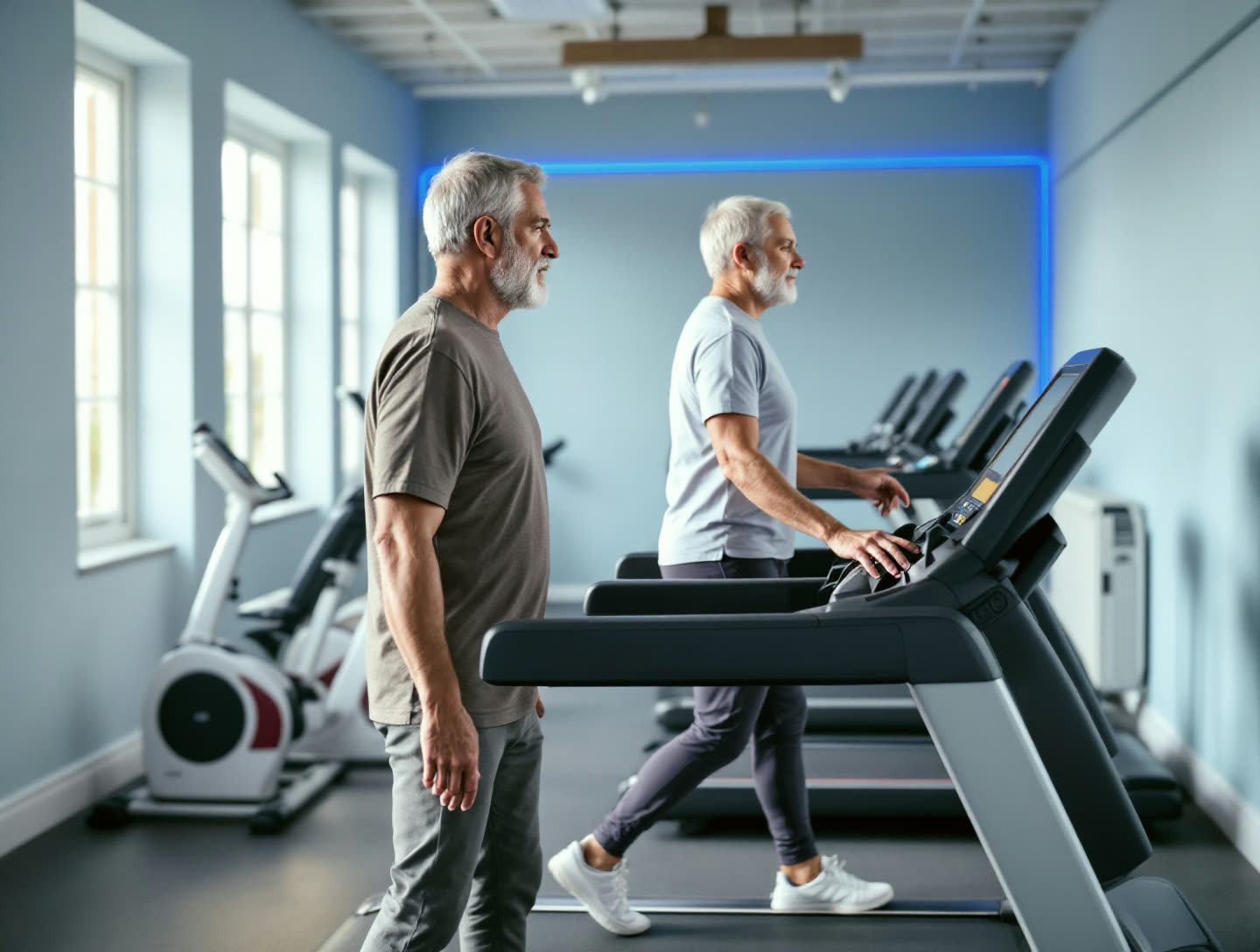 A man around seventy walking on a treadmill, the coach beside him with a hand near the console