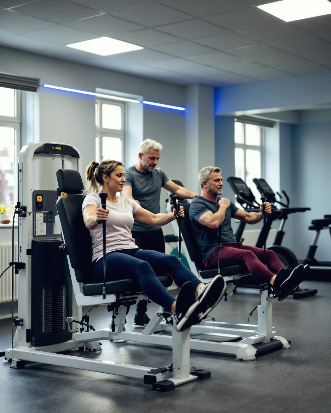 Two people mid-session on resistance machines, a coach adjusting a setting
