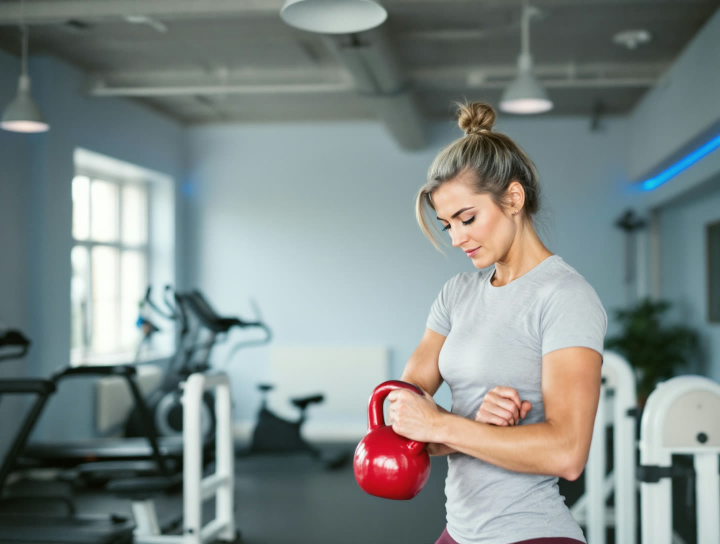 A woman around forty holding a kettlebell between sets