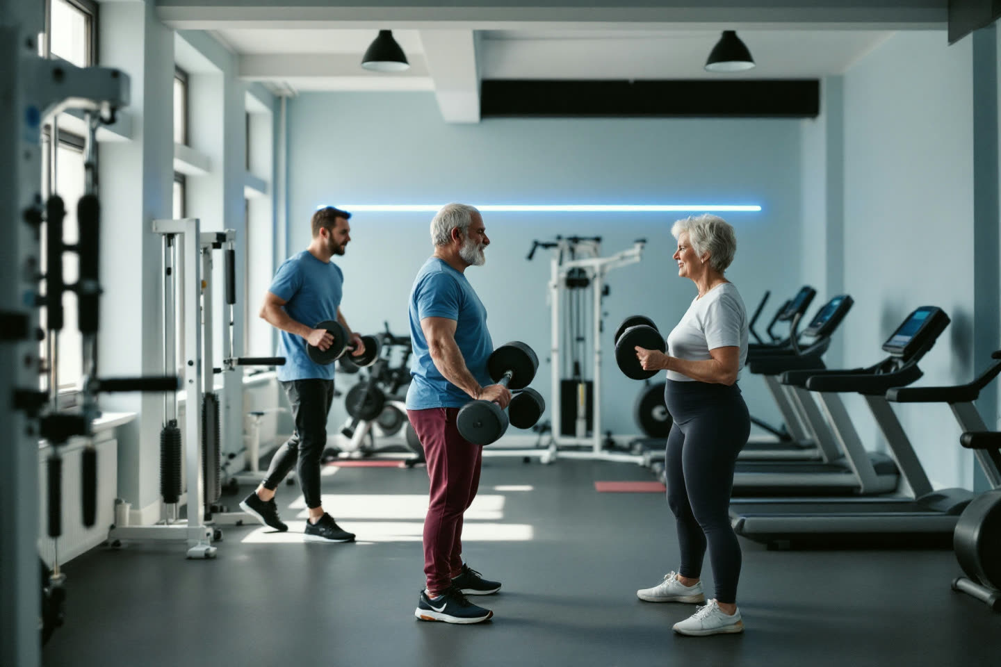 A man and a woman in their sixties training with dumbbells in the studio