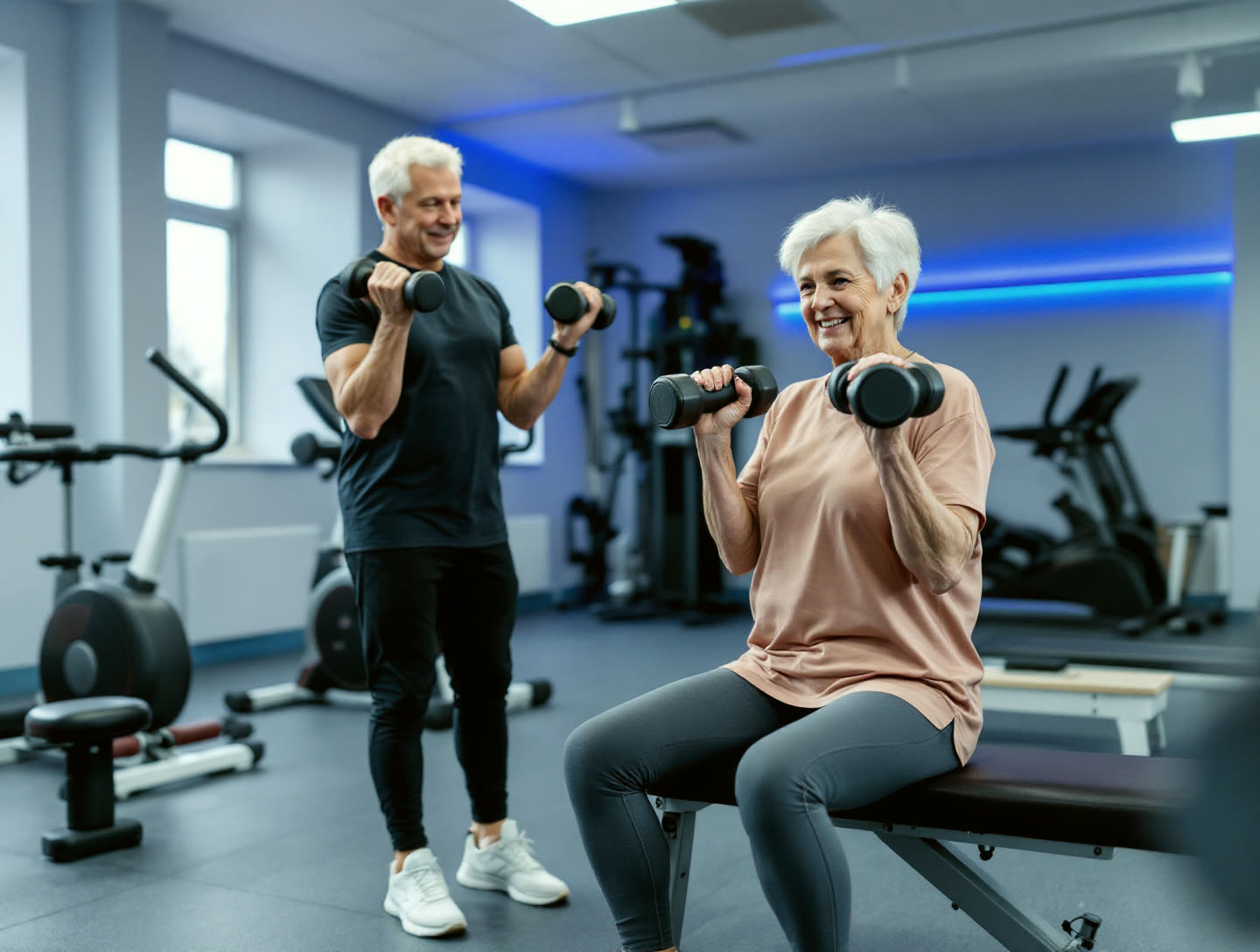 A woman in her sixties pressing a pair of dumbbells, seated, mid-set